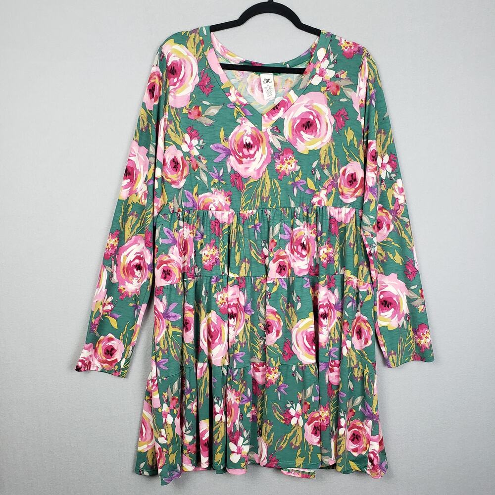 Sew In Love Size XL‎ Long Sleeve Babydoll Casual Dress Green Pink Rosette Floral